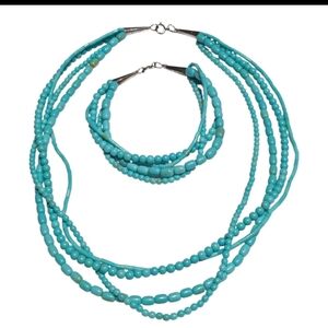Vintage Native American Turquoise Bead Necklace & Bracelet Set Multi Strand